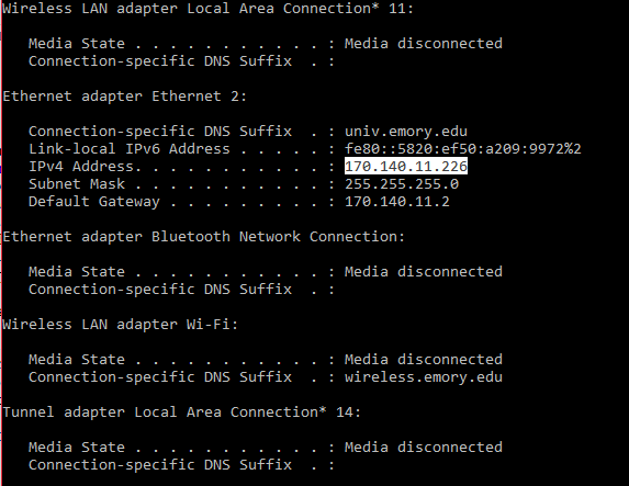 Screenshot of IP address format